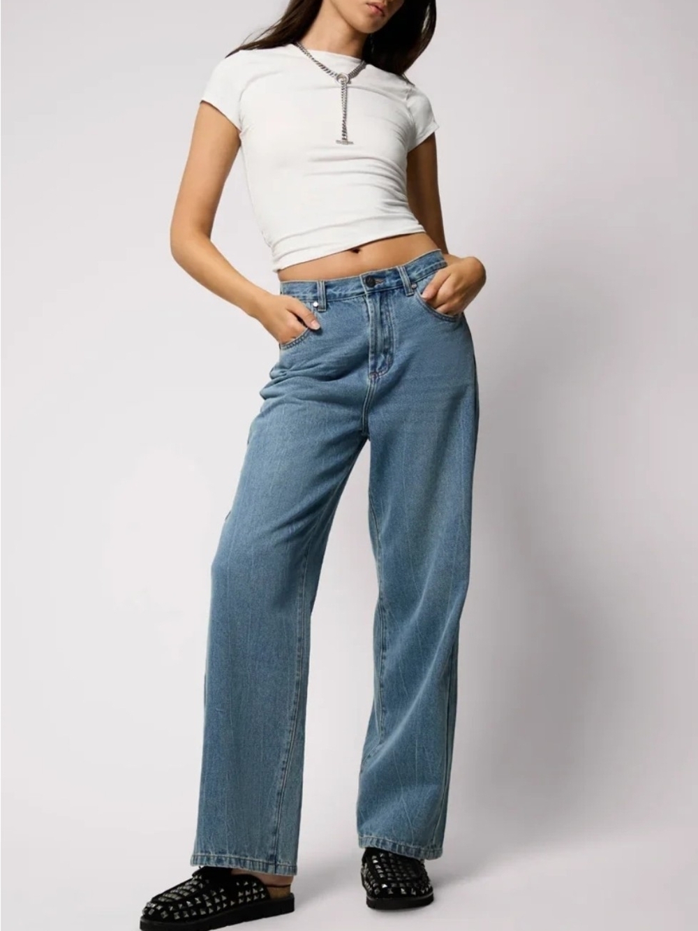 NWT One Teaspoon By Free People Baxters Wide Leg Jeans Blue Crush Mid Waist 27